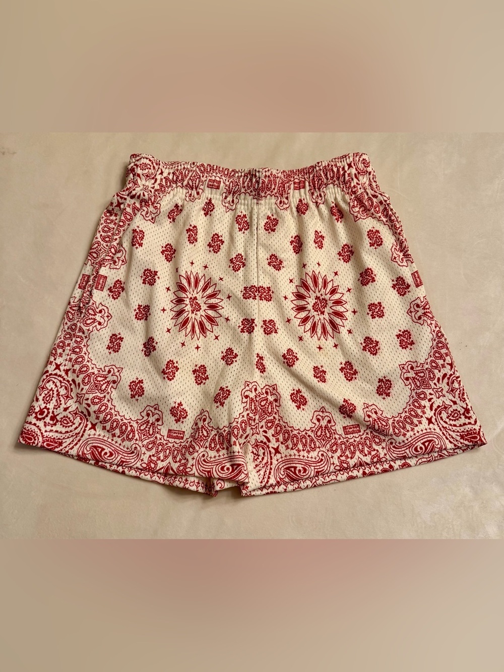 Bravest Studios Red Bandana Paisley Print Cream Athletic Shorts, sz S